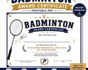 Badminton Award Certificate Printable PDF | Sports Certificate | Tournament Winner Award | 8.5x11 Landscape