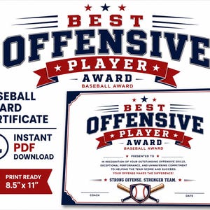 Könnte beinhalten: Baseball-Auszeichnungsurkunde mit dem Text "Best Offensive Player Award". Das Design zeigt einen Baseball, Schläger und Sterne in Rot, Weiß und Blau. Die Urkunde ist 21,59 cm x 27,94 cm groß und als sofortiger PDF-Download verfügbar.