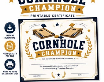 Cornhole Champion Certificate Printable PDF | Cornhole Tournament Winner Award | Instant Download
