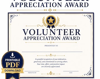 Volunteer Appreciation Award Certificate, Navy Gold Design (PDF Download)