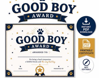 Good Boy Award Certificate | Dog Pet Puppy Graduation (Digital Download)