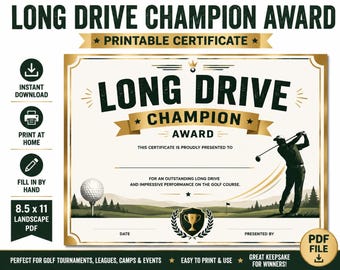 Long Drive Champion Award Certificate Printable | Golf Tournament Award | 8.5x11 Instant Download