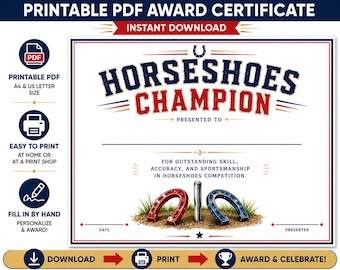 Horseshoes Champion Award Certificate Printable PDF, Horseshoe Tournament Winner Certificate, Instant Download