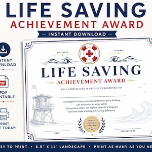 Life Saving Achievement Award Certificate, Lifeguard Water Safety Recognition (PDF Download)