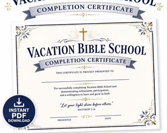 Vacation Bible School Completion Certificate | Christian Award (Digital Download)