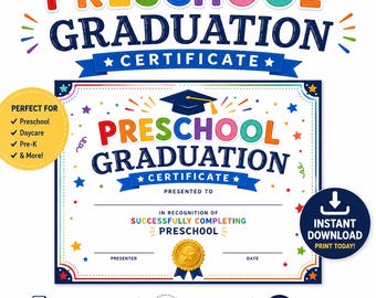 Preschool Graduation Certificate | Colorful Award Diploma (Digital Download)