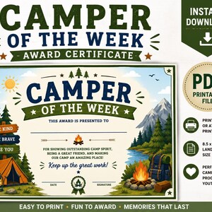 May include: A landscape certificate titled "Camper of the Week Award Certificate." The design includes a camping scene with a tent, campfire, mountains, and a river. Features the text "Instant Download" and "PDF Printable File."