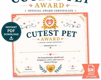 Pet Award Certificate, Printable Contest Award (Instant Download)