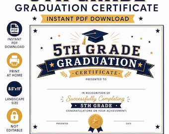 5th Grade Graduation Certificate Printable PDF | Elementary School Graduation Award | Instant Download