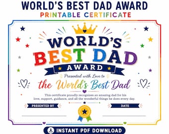World's Best Dad Award Certificate Printable PDF | Rainbow Father's Day Gift from Kids | Instant Download Dad Appreciation Award