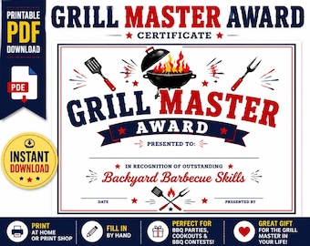 Grill Master Award Printable | Perfect For BBQ Parties, Father’s Day Gifts & Cookout Celebrations | Instant Download Guide