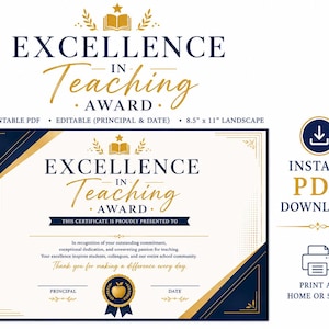 Könnte beinhalten: Eine marineblaue und goldene Auszeichnung für hervorragende Leistungen in der Lehre. Das Zertifikat enthält den Text „Excellence in Teaching Award“ und ist im Querformat 21,59 cm x 27,94 cm groß. Es hat ein goldenes Apfelsiegel und ist ein druckbares PDF.