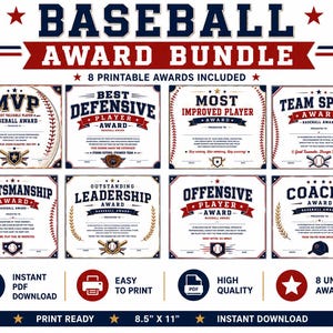 Puede incluir: Una descarga digital que presenta un paquete de premios de béisbol. El diseño incluye ocho premios imprimibles con texto como "MVP", "Mejor Jugador Defensivo" y "Premio al Espíritu de Equipo". Los premios son en rojo, blanco y azul.
