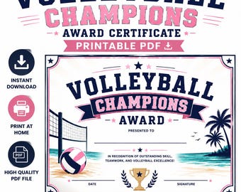 Volleyball Champion Award Certificate, Tournament Winner Recognition (Digital Download)