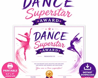 Dance Superstar Award Certificate, Ballet Recital Competition Recognition (PDF Download)