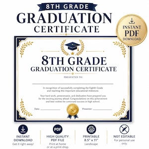 Può includere: Un modello di certificato di diploma di ottavo grado con testo blu navy e dettagli in alloro dorato. Il documento presenta un'icona di tocco di laurea, righe vuote per data e presentatore, e indica un formato stampabile di 21,6 cm per 27,9 cm.