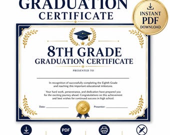 8th Grade Graduation Certificate | Middle School Award (Instant Download)