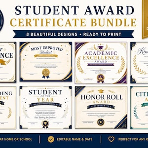 Op de afbeelding: Een Student Award Certificate Bundle met acht sjablonen. Certificaten zijn onder meer "Perfect Attendance Award", "Most Improved Student" en "Academic Excellence Award". De ontwerpen hebben goud, marineblauw en crèmekleur.