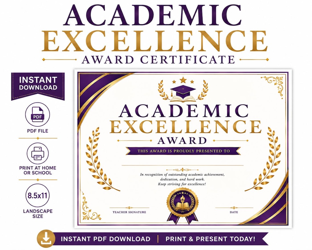 Academic Excellence Award Certificate – Purple Gold School Achievement ...