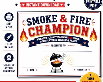 Printable BBQ Award Certificate | Smoke & Fire Champion Cook Off Winner Diploma | Grill Master BBQ Party Trophy Instant Download