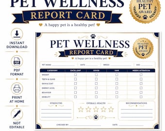Pet Wellness Report Card Printable PDF | Dog Cat Health Assessment (Instant Download)