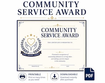 Community Service Award Certificate, Volunteer Recognition, Appreciation (Digital Download)