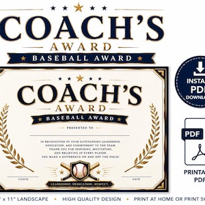 May include: A printable 21.6 cm x 27.9 cm landscape Coach's Baseball Award certificate featuring navy blue and gold text, a central baseball and bat graphic, gold laurel wreaths, and the text "COACH'S AWARD BASEBALL AWARD" with space for a name, coach, and date.