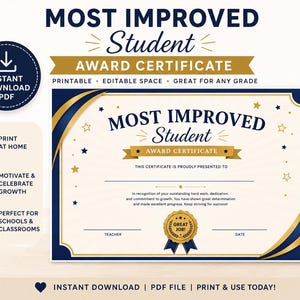 Peut inclure: Un certificat de récompense "Élève le plus amélioré" imprimable avec un design bleu marine et or. Le certificat comprend un espace pour le professeur et la date, et le texte "Imprimez et utilisez aujourd'hui !"