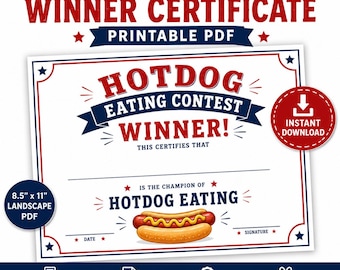Hotdog Eating Contest Winner Certificate Printable PDF | Funny Food Competition Award | 8.5x11 Landscape Download