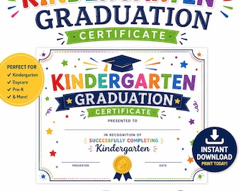 Kindergarten Graduation Certificate | Colorful Award Diploma (Digital Download)
