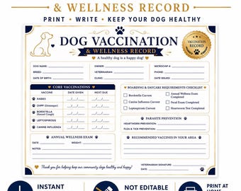 Dog Vaccination Record Printable | Pet Wellness Tracker, Boarding Checklist (PDF Download)