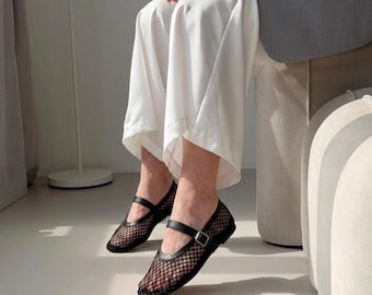 Ballerine Mary Jane in rete, ballerine a rete da donna, scarpe estive trasparenti, scarpe in rete bianche e nere, ballerine a punta quadrata con cinturino e fibbia.