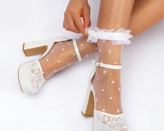 White Lace Wedding Shoes, Bridal Platform Heels, Ivory Wedding Platform, Lace High Heels for Bride, Ankle Strap Bridal Shoes, Vintage Style