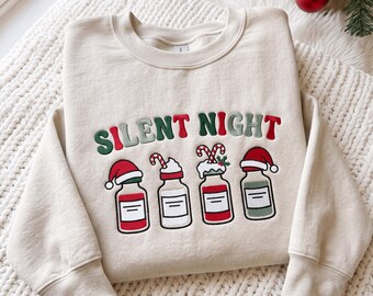 Embroidered Silent Night Christmas Sweatshirt: Funny Christmas Shirt, Nurse Christmas Sweatshirt, Medical Holiday Shirt Gift