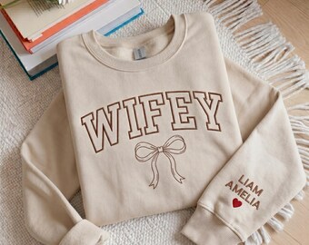 Embroidered Personalized Wifey Sweatshirt Wedding Gift Bride New Wife shirt Bow Bridal Shower Newlywed Honeymoon Present Engaging Gift shirt