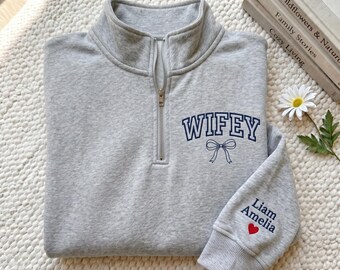 Embroidered Personalized Wifey Quarter Zip Sweatshirt Wedding Gift Bride New Wife shirt Bow Bridal Shower Newlywed Honeymoon Present