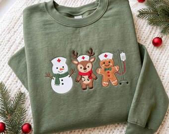 Embroidered Christmas Nurse Sweatshirt, Snowman, Reindeer, Gingerbread Medical Apparel Shirt