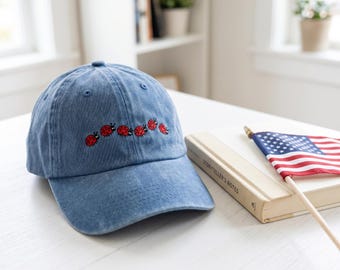 Embroidered Minimalist Ladybug Hat, Lucky Lady Bug Hat, Cute Nature Inspired Hat, Red Beetle Insect Apparel, Gift for Gardeners Cap