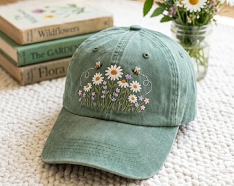 Boho Daisy Flower and Bees Embroidered Hat, Daisy Wildflower Lovers, Daisy Summer Hat for Women, Floral Mom Gifts, Gardener Hat Gift