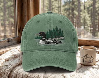 Washed Cap with Loon Embroidery – Adjustable Outdoor Hat, Wildlife Nature Hat, Lake Life Gift