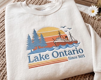 Embroidered Lake Ontario Sweatshirt, Vintage Coastal Sailing Tee (65% Cotton)
