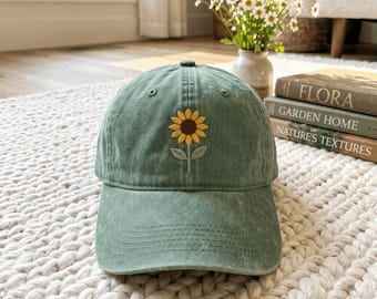 Embroidered Sunflower Washed Cap, Floral Baseball Hat, Nature Lover Gift