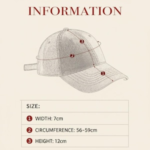 Puede incluir: Gorra de b&eacute;isbol de color claro con la palabra "INFORMATION" en la parte superior. La gorra tiene 7 cm de ancho, una circunferencia de 56-59 cm y una altura de 12 cm. La imagen incluye detalles de tama&ntilde;o.