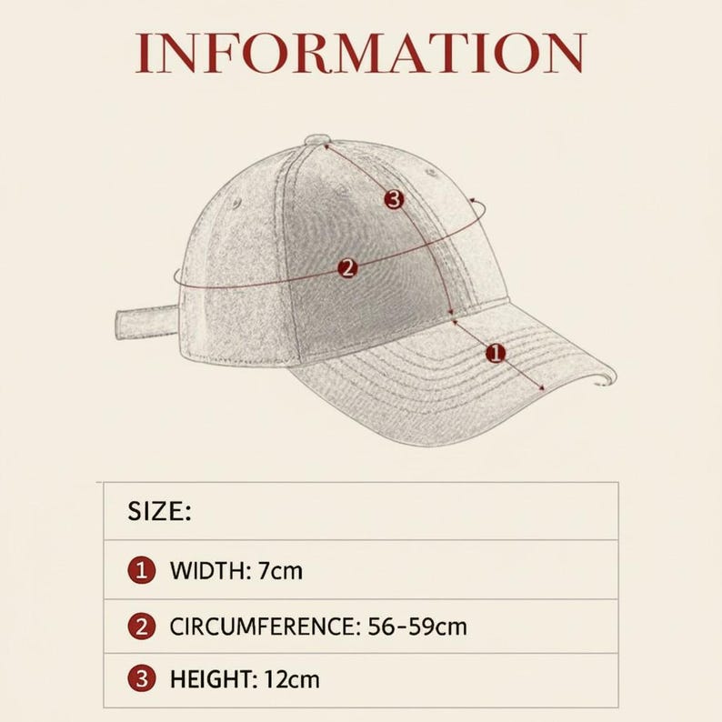 Puede incluir: Gorra de b&eacute;isbol de color claro con la palabra "INFORMATION" en la parte superior. La gorra tiene 7 cm de ancho, una circunferencia de 56-59 cm y una altura de 12 cm. La imagen incluye detalles de tama&ntilde;o.