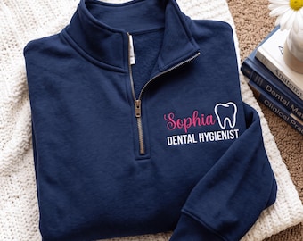 Custom Dental Office Embroidered Quarter Zip Sweatshirt, Personalized Dental Assistant Embroidery Shirt, Dentist Tee, Custom Tooth Name