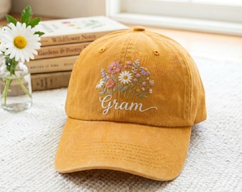 Gorro bordado con flores para la abuela, regalo para el Día de la Madre, regalo para la abuela, gorro retro para la abuela, gorro de flores silvestres, regalos para el Día de la Madre