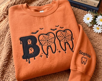 Embroidered Halloween Dentist Sweatshirt, Spooky Teeth Boo Crewneck, Dental Squad Shirt