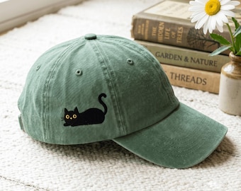 Black Cat Embroidered Dad Hat – Washed Cotton Baseball Cap