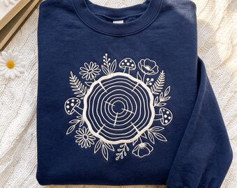 Embroidered Botanical Tree Sweatshirt , Tree Ring Art Tee, Cottagecore Nature Shirt, Women Forest Top, Nature Lovers Gift, Gift For Mom