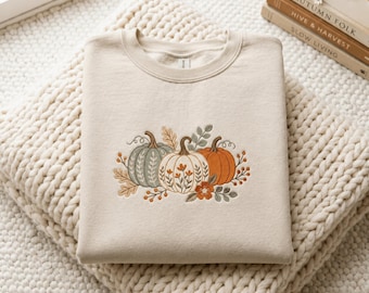Embroidered Pumpkin Trio Sweatshirt, Autumn Harvest Shirt